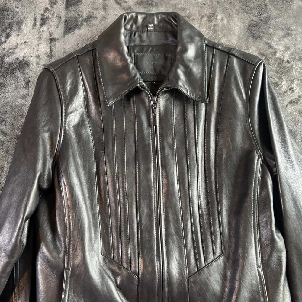 Avanti New York Womens Black Genuine Leather Zip Up Pintuck Pleated Jacket Large